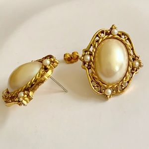 Gold-Tone Oval Pearl Earrings